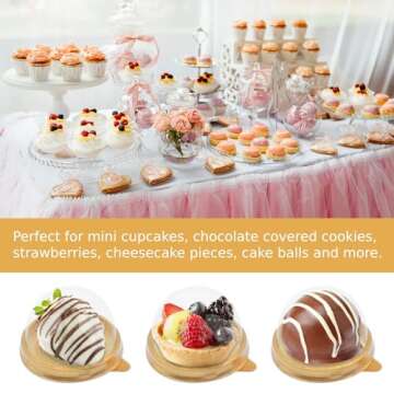 Zezzxu 50 Pack Mini Bundt Cake Containers, Clear Plastic Small Cupcake Boxes with Dome Lids for Individual Chocolate Covered Cookies, Strawberry, Mooncake (Gold)