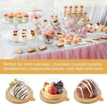 Zezzxu 50 Pack Mini Bundt Cake Containers, Clear Plastic Small Cupcake Boxes with Dome Lids for Individual Chocolate Covered Cookies, Strawberry, Mooncake (Gold)