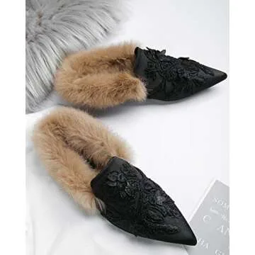 Fericzot Women's Plush Velvet Mule Slippers with Embroidery