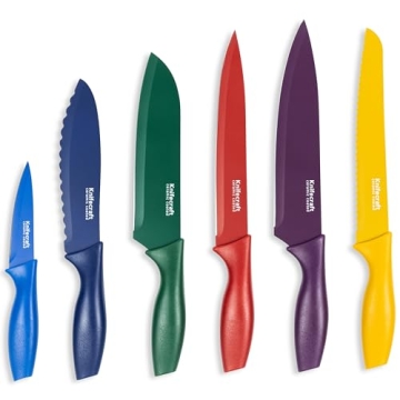 Knifecraft 12-Piece Color Coded Kitchen Knife Set, Non-Stick Ceramic Coated Stainless Steel with 6 B...
