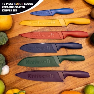 Knifecraft 12-Piece Color Coded Kitchen Knife Set, Non-Stick Ceramic Coated Stainless Steel with 6 Blade Guards, Dishwasher Safe, Perfect for Gifting