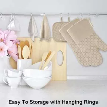 KEGOUU Oven Mitts and Pot Holders 6pcs Set, Kitchen Oven Glove High Heat Resistant 500 Degree Extra Long Oven Mitts and Potholder with Non-Slip Silicone Surface for Cooking (Almond)