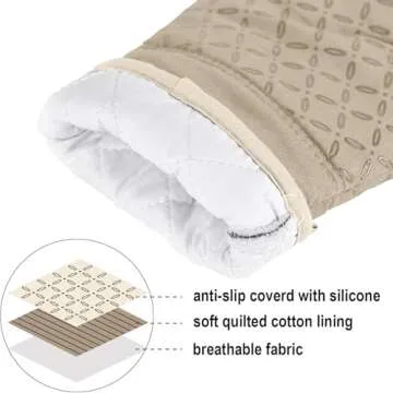 KEGOUU Oven Mitts and Pot Holders 6pcs Set, Kitchen Oven Glove High Heat Resistant 500 Degree Extra Long Oven Mitts and Potholder with Non-Slip Silicone Surface for Cooking (Almond)