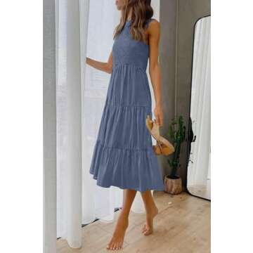 ZESICA Women's Summer Casual Sleeveless Crew Neck Smocked High Waist Flowy Tiered A Line Midi Dress,...