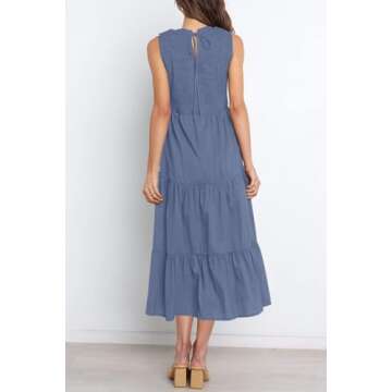 ZESICA Women's Summer Casual Sleeveless Crew Neck Smocked High Waist Flowy Tiered A Line Midi Dress,Dustyblue,Medium