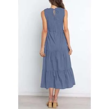 ZESICA Women's Summer Casual Sleeveless Crew Neck Smocked High Waist Flowy Tiered A Line Midi Dress,Dustyblue,Medium