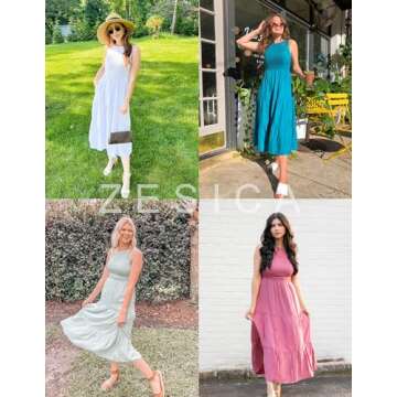 ZESICA Women's Summer Casual Sleeveless Crew Neck Smocked High Waist Flowy Tiered A Line Midi Dress,Dustyblue,Medium