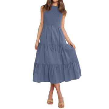 ZESICA Women's Summer Casual Sleeveless Crew Neck Smocked High Waist Flowy Tiered A Line Midi Dress,Dustyblue,Medium