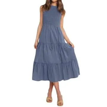ZESICA Women's Summer Casual Sleeveless Crew Neck Smocked High Waist Flowy Tiered A Line Midi Dress,Dustyblue,Medium