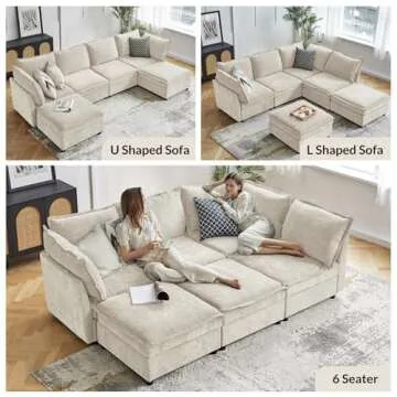 HULALA HOME 127'' Modular Sectional Sofa, Oversized U Shaped Couch with Storage Ottoman, Extra Deep Seat, Modern Comfy Chenille Sofa with Chaise, 6 Seat Convertible Couches for Living Room, Beige