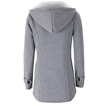 JiangWu Womens Fashion Horn Button Fleece Thicken Coat with Hood Winter Warm Jacket (Medium, Light-g...