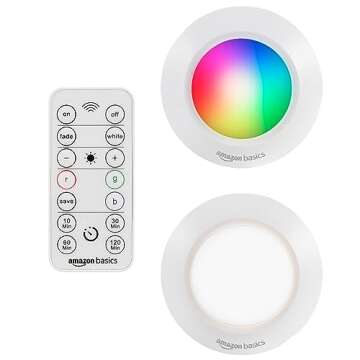 Amazon Basics LED Puck Lights, Color Changing, Battery Operated, IR Remote, 40 Lumens, 2 Pack, Wirel...