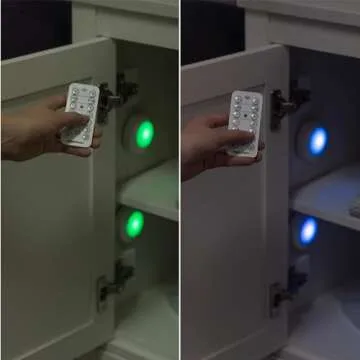 Amazon Basics LED Puck Lights, Color Changing, Battery Operated, IR Remote, 40 Lumens, 2 Pack, Wireless Lights, Stick on Lights, Under Cabinet Lighting, Ideal for Closets, and More, White