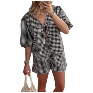 Yuemengxuan Women Y2k Two Piece Plaid Lounge Sets Puff Sleeve Tie front Blouse Top High Waist Shorts...