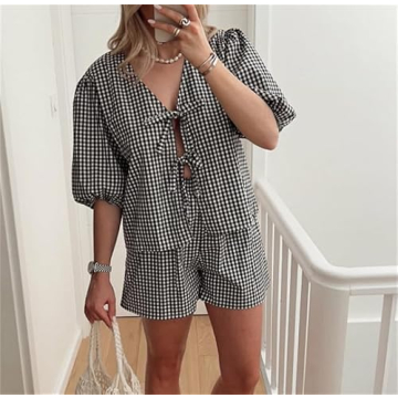 Yuemengxuan Women Y2k Two Piece Plaid Lounge Sets Puff Sleeve Tie front Blouse Top High Waist Shorts Casual Pajamas Sets (Black #Q2B, XL)