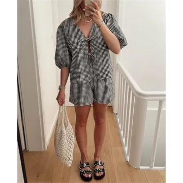 Yuemengxuan Women Y2k Two Piece Plaid Lounge Sets Puff Sleeve Tie front Blouse Top High Waist Shorts Casual Pajamas Sets (Black #Q2B, XL)