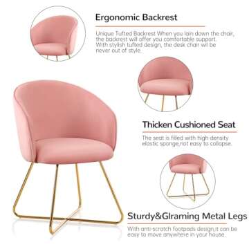 Furniliving Velvet Vanity Chair with Back, Modern Accent Chair for Vanity, Upholstered Makeup Stool Chair for Bedroom, Living Room, Dressing Room, Dining Room (Pink)