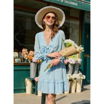 AlvaQ Women Dresses Summer 2025 Deep V Neck Tie Front Long Sleeve Ruffle Mini Dress Swing Short Mini Dress Beach Sundress Sky Blue Small