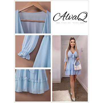 AlvaQ Women Dresses Summer 2025 Deep V Neck Tie Front Long Sleeve Ruffle Mini Dress Swing Short Mini Dress Beach Sundress Sky Blue Small