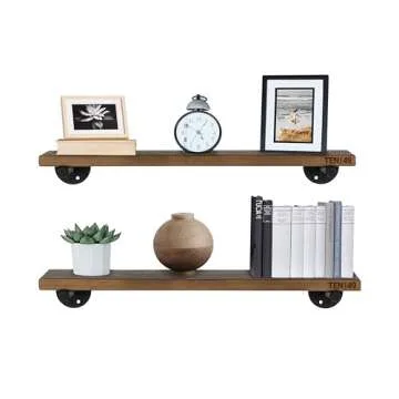 Industrial Pipe Wood Wall Shelf - 24" Espresso Real Wooden Shelving - Modern Interior Decor Floating Shelves w/ Iron Pipe Brackets - Rustic Farmhouse Style Bookshelf by TEN49 - Set of 2