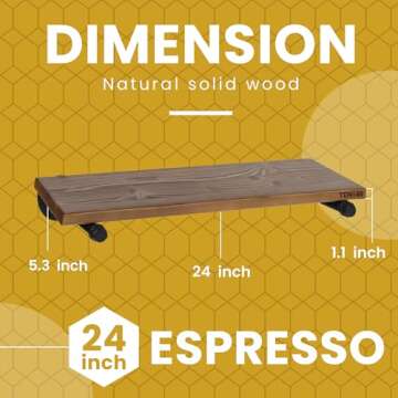 Industrial Pipe Wood Wall Shelf - 24" Espresso Real Wooden Shelving - Modern Interior Decor Floating Shelves w/ Iron Pipe Brackets - Rustic Farmhouse Style Bookshelf by TEN49 - Set of 2