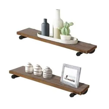Industrial Pipe Wood Wall Shelf - 24" Espresso Real Wooden Shelving - Modern Interior Decor Floating Shelves w/ Iron Pipe Brackets - Rustic Farmhouse Style Bookshelf by TEN49 - Set of 2