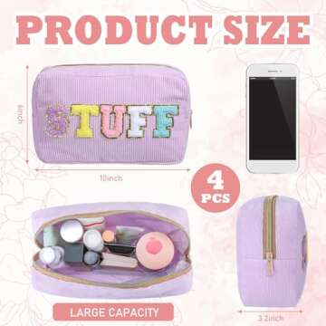 Pinkunn 4 Pcs Preppy Makeup Bags Christmas Chenille Letter Bag Face Skin Hair Stuff Cosmetic Bag Corduroy Makeup Pouch with Zipper Birthday Gifts for Women (Purple, Pink, White, Blue)