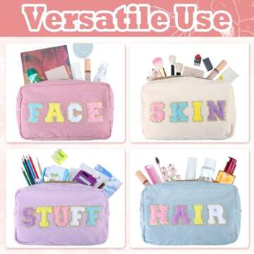 Pinkunn 4 Pcs Preppy Makeup Bags Christmas Chenille Letter Bag Face Skin Hair Stuff Cosmetic Bag Corduroy Makeup Pouch with Zipper Birthday Gifts for Women (Purple, Pink, White, Blue)