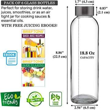 Brieftons Borosilicate Glass Water Bottles With Caps: Clear, 6 Pack, 18 Oz, Heat Resistant, Slim, Ea...