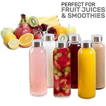 Brieftons Borosilicate Glass Water Bottles With Caps: Clear, 6 Pack, 18 Oz, Heat Resistant, Slim, Easy to Store, Leakproof Lids, Best As Reusable Drinking Bottle, Sauce Jar, Juice Beverage Container