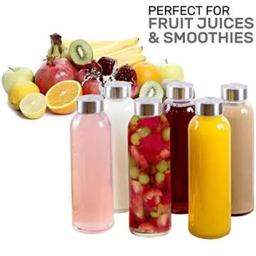 Brieftons Borosilicate Glass Water Bottles With Caps: Clear, 6 Pack, 18 Oz, Heat Resistant, Slim, Easy to Store, Leakproof Lids, Best As Reusable Drinking Bottle, Sauce Jar, Juice Beverage Container