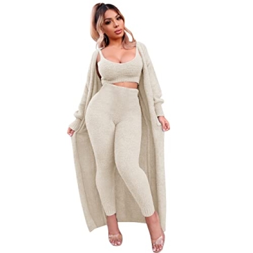 yidengymx Fleece Open Front Cardigan Crop Tank Tops & Bodycon Long Pants Loungewear Sets for Women