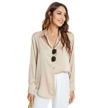 Atnlewhi Womens Long Sleeve Button Down Satin Silk Shirts Casual Business Office Blouse Tops Apricot