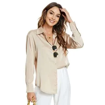 Atnlewhi Womens Long Sleeve Button Down Satin Silk Shirts Casual Business Office Blouse Tops Apricot
