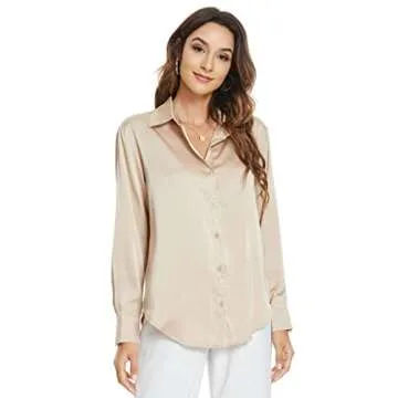 Atnlewhi Womens Long Sleeve Button Down Satin Silk Shirts Casual Business Office Blouse Tops Apricot