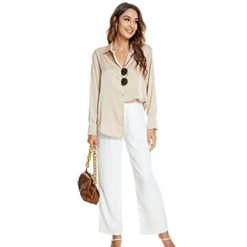 Atnlewhi Womens Long Sleeve Button Down Satin Silk Shirts Casual Business Office Blouse Tops Apricot