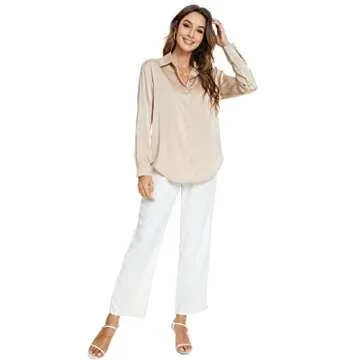 Atnlewhi Womens Long Sleeve Button Down Satin Silk Shirts Casual Business Office Blouse Tops Apricot