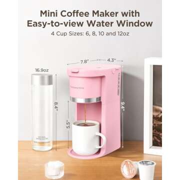 Famiworths Mini Coffee Maker Single Serve, Instant One Cup for K Cup & Ground Coffee, 6 to 12 Oz Brew Sizes, Capsule Coffee Machine with Water Window and Descaling Reminder, Romantic Pink