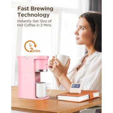 Famiworths Mini Coffee Maker Single Serve, Instant One Cup for K Cup & Ground Coffee, 6 to 12 Oz Brew Sizes, Capsule Coffee Machine with Water Window and Descaling Reminder, Romantic Pink