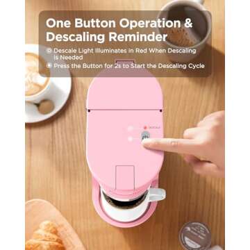 Famiworths Mini Coffee Maker Single Serve, Instant One Cup for K Cup & Ground Coffee, 6 to 12 Oz Brew Sizes, Capsule Coffee Machine with Water Window and Descaling Reminder, Romantic Pink