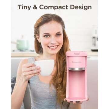 Famiworths Mini Coffee Maker Single Serve, Instant One Cup for K Cup & Ground Coffee, 6 to 12 Oz Brew Sizes, Capsule Coffee Machine with Water Window and Descaling Reminder, Romantic Pink