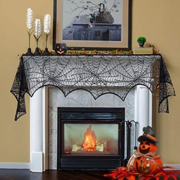 Lulu Home Halloween Fireplace Decorations, Black Lace Spider Web Mantle Scarf