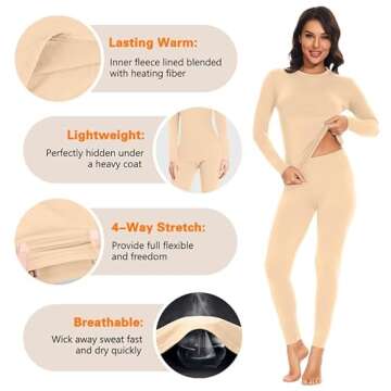 SIMIYA Thermal Underwear Set for Women Long Johns with Fleece Lined Long Sleeves Base Layer Set Top Bottom Nude