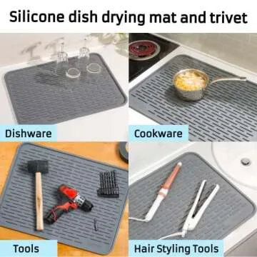 HOTPOP XXL Inches Gray Silicone Dish Drying Mat and Large Trivet - Dishwasher Safe, Heat Resistant, Eco-conscious - Ideal Drip Tray, Mini Fridge Mat, Dish Drainer, Mini Fridge Accessories (24"x18")