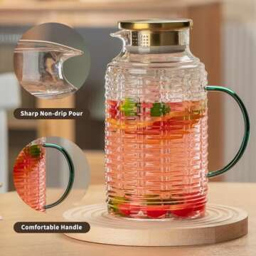 Buaic Glass Pitcher with Lid, 2 PACK 68 oz/2 Liter Vintage Water Pitcher, Clear Borosilicate Glass Water Carafe for Cold Brew, Coffee, Lemonade, Iced Tea,Beverage, Heat Resistant Water Glass Jug