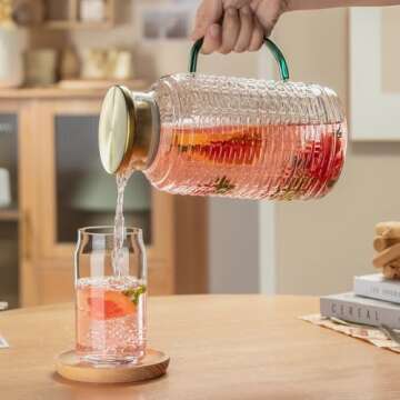 Buaic Glass Pitcher with Lid, 2 PACK 68 oz/2 Liter Vintage Water Pitcher, Clear Borosilicate Glass Water Carafe for Cold Brew, Coffee, Lemonade, Iced Tea,Beverage, Heat Resistant Water Glass Jug