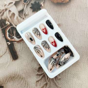 KKUUOO Halloween Press on Nails,Medium Almond Fake Nails Spider & Spider Web Acrylic Nails with Bloo...
