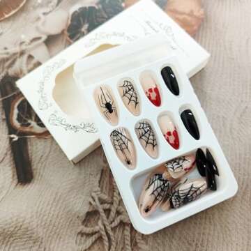 KKUUOO Halloween Press on Nails,Medium Almond Fake Nails Spider & Spider Web Acrylic Nails with Blood Drop Design Full Cover Glossy False Nails Stick on Nails Jelly Press on Nails for Women Girl 24Pcs