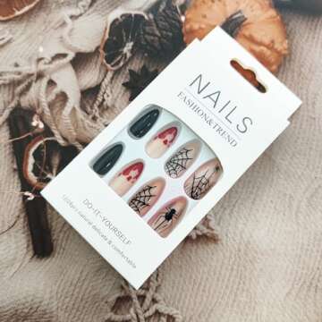 KKUUOO Halloween Press on Nails,Medium Almond Fake Nails Spider & Spider Web Acrylic Nails with Blood Drop Design Full Cover Glossy False Nails Stick on Nails Jelly Press on Nails for Women Girl 24Pcs