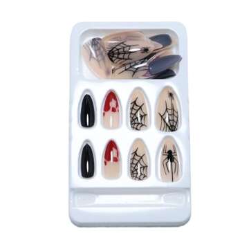 KKUUOO Halloween Press on Nails,Medium Almond Fake Nails Spider & Spider Web Acrylic Nails with Blood Drop Design Full Cover Glossy False Nails Stick on Nails Jelly Press on Nails for Women Girl 24Pcs